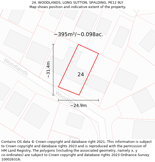 24, WOODLANDS, LONG SUTTON, SPALDING, PE12 9LY: Plot and title map