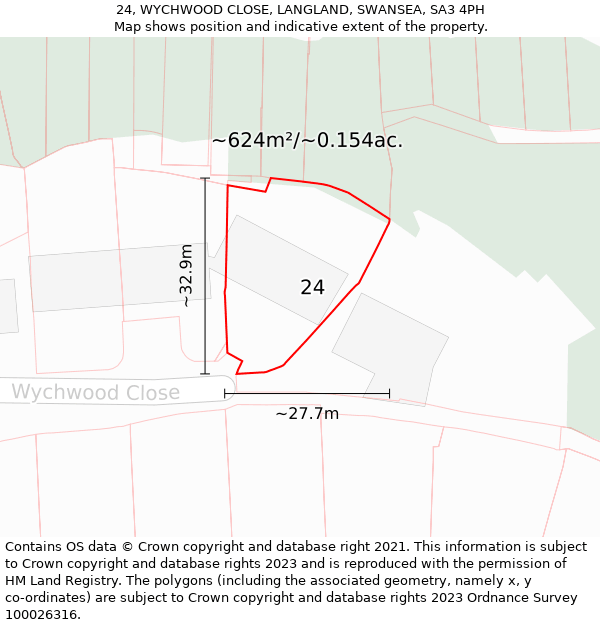 24, WYCHWOOD CLOSE, LANGLAND, SWANSEA, SA3 4PH: Plot and title map