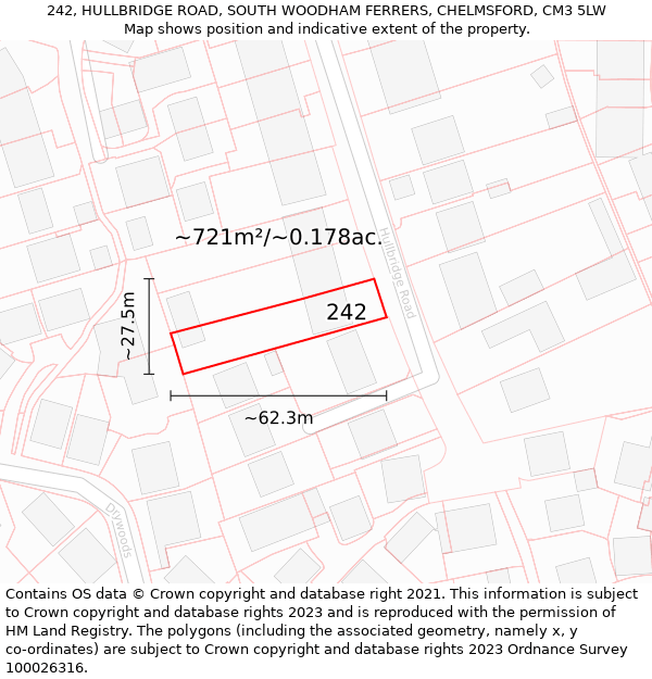 242, HULLBRIDGE ROAD, SOUTH WOODHAM FERRERS, CHELMSFORD, CM3 5LW: Plot and title map