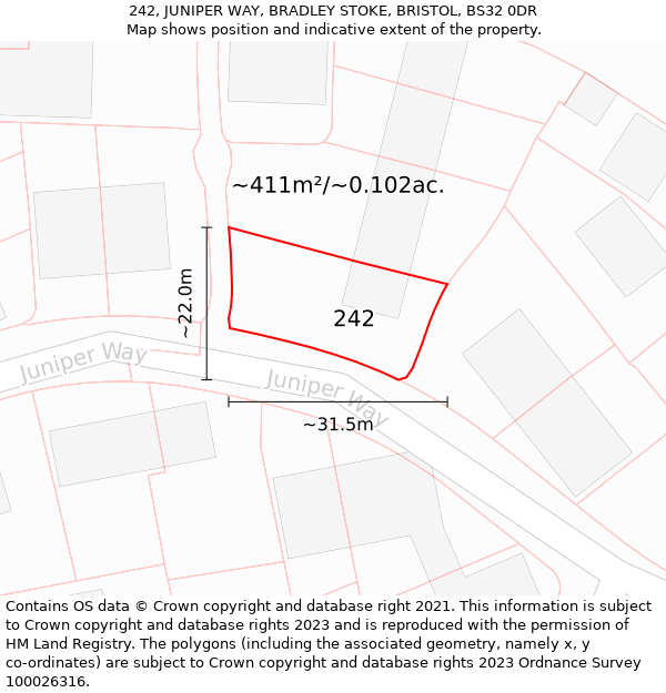 242, JUNIPER WAY, BRADLEY STOKE, BRISTOL, BS32 0DR: Plot and title map