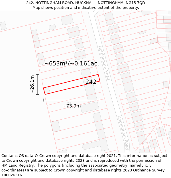 242, NOTTINGHAM ROAD, HUCKNALL, NOTTINGHAM, NG15 7QD: Plot and title map