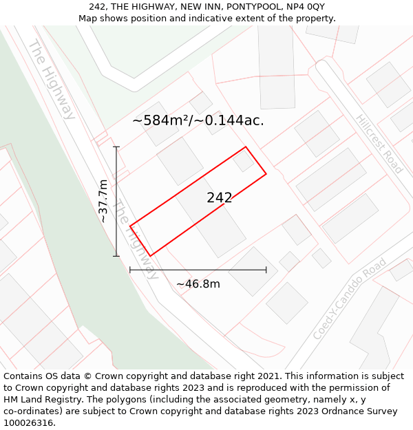 242, THE HIGHWAY, NEW INN, PONTYPOOL, NP4 0QY: Plot and title map