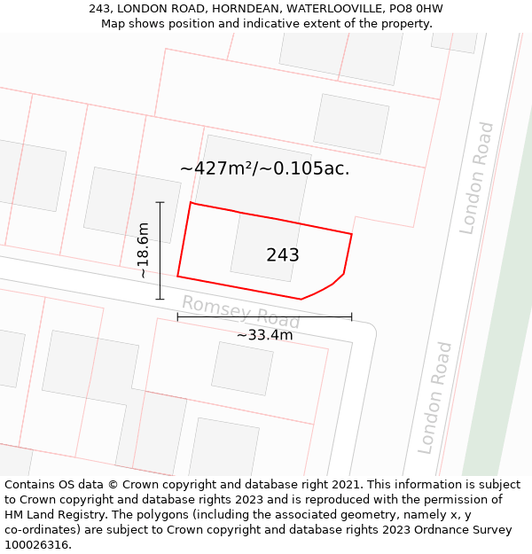 243, LONDON ROAD, HORNDEAN, WATERLOOVILLE, PO8 0HW: Plot and title map