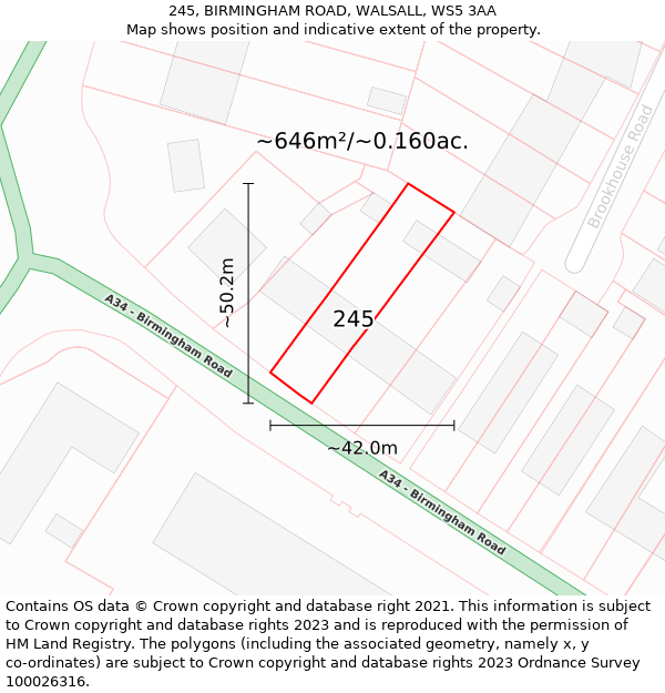 245, BIRMINGHAM ROAD, WALSALL, WS5 3AA: Plot and title map