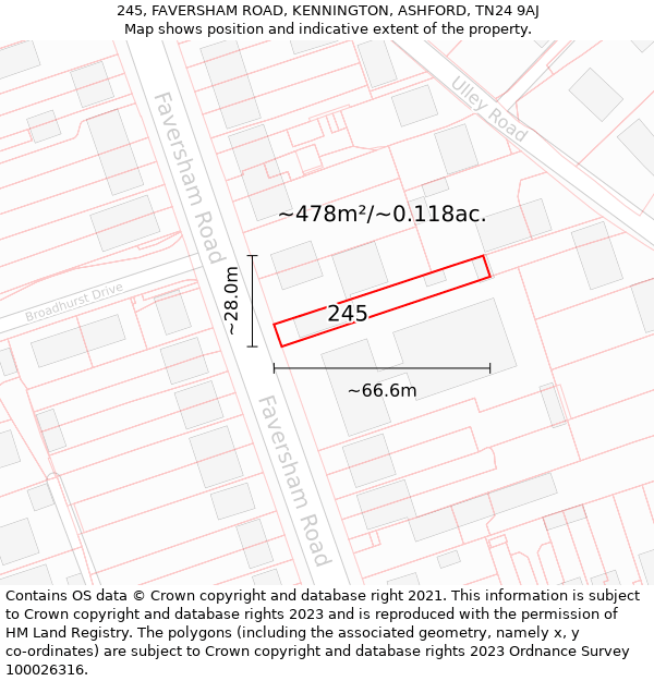 245, FAVERSHAM ROAD, KENNINGTON, ASHFORD, TN24 9AJ: Plot and title map