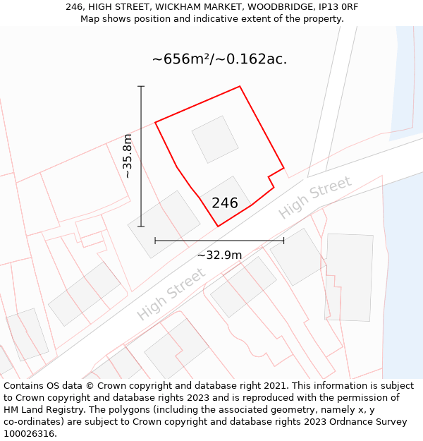 246, HIGH STREET, WICKHAM MARKET, WOODBRIDGE, IP13 0RF: Plot and title map