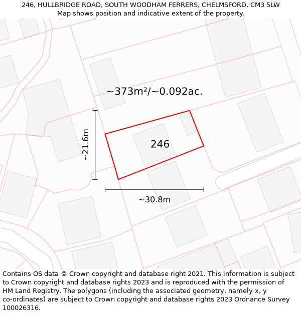 246, HULLBRIDGE ROAD, SOUTH WOODHAM FERRERS, CHELMSFORD, CM3 5LW: Plot and title map