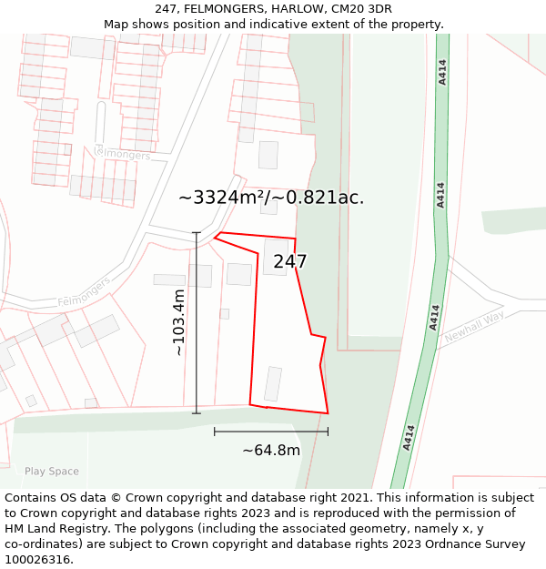 247, FELMONGERS, HARLOW, CM20 3DR: Plot and title map