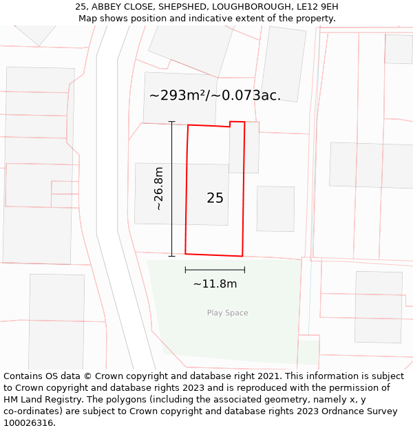 25, ABBEY CLOSE, SHEPSHED, LOUGHBOROUGH, LE12 9EH: Plot and title map