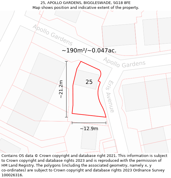 25, APOLLO GARDENS, BIGGLESWADE, SG18 8FE: Plot and title map