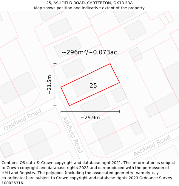 25, ASHFIELD ROAD, CARTERTON, OX18 3RA: Plot and title map