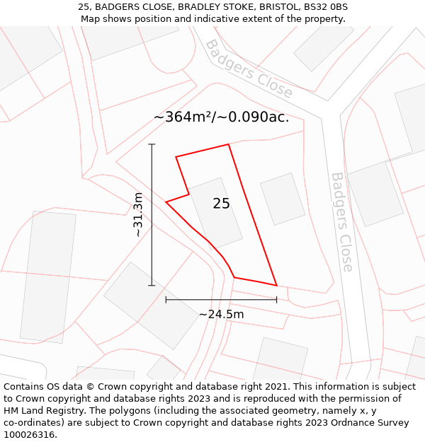 25, BADGERS CLOSE, BRADLEY STOKE, BRISTOL, BS32 0BS: Plot and title map