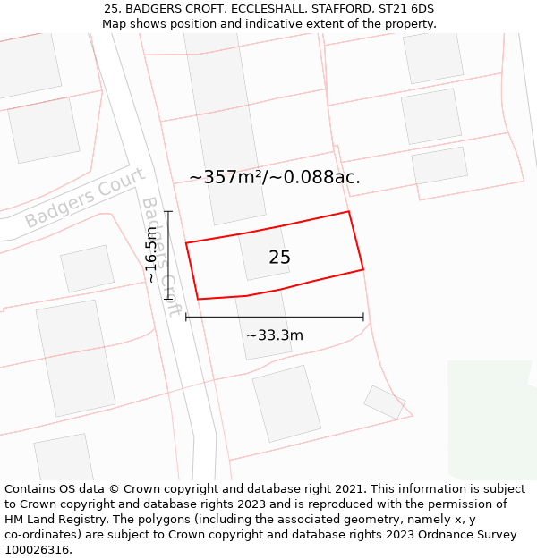 25, BADGERS CROFT, ECCLESHALL, STAFFORD, ST21 6DS: Plot and title map