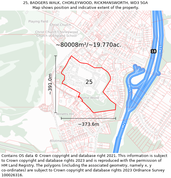 25, BADGERS WALK, CHORLEYWOOD, RICKMANSWORTH, WD3 5GA: Plot and title map