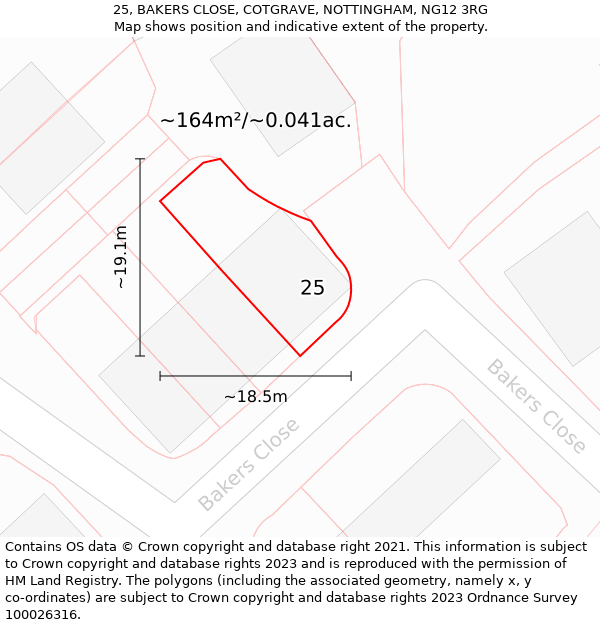 25, BAKERS CLOSE, COTGRAVE, NOTTINGHAM, NG12 3RG: Plot and title map