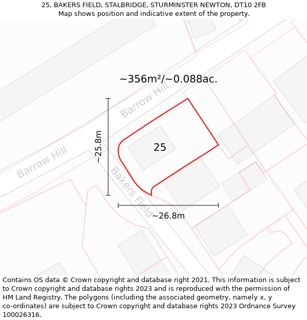 25, BAKERS FIELD, STALBRIDGE, STURMINSTER NEWTON, DT10 2FB: Plot and title map