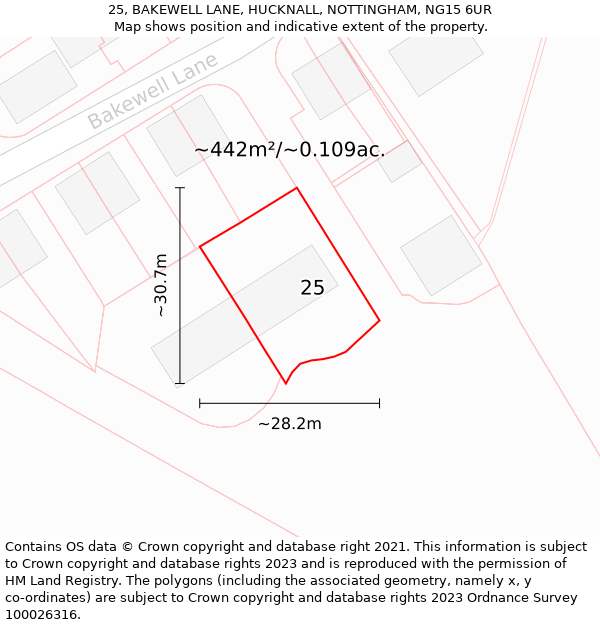 25, BAKEWELL LANE, HUCKNALL, NOTTINGHAM, NG15 6UR: Plot and title map