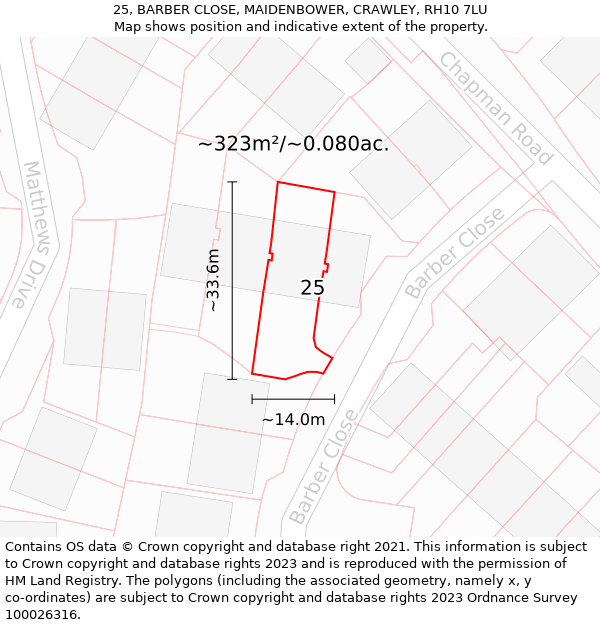 25, BARBER CLOSE, MAIDENBOWER, CRAWLEY, RH10 7LU: Plot and title map
