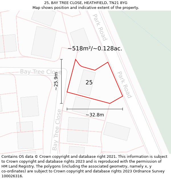 25, BAY TREE CLOSE, HEATHFIELD, TN21 8YG: Plot and title map