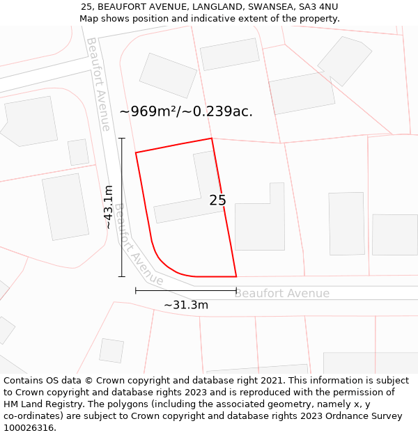 25, BEAUFORT AVENUE, LANGLAND, SWANSEA, SA3 4NU: Plot and title map