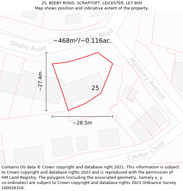 25, BEEBY ROAD, SCRAPTOFT, LEICESTER, LE7 9SH: Plot and title map