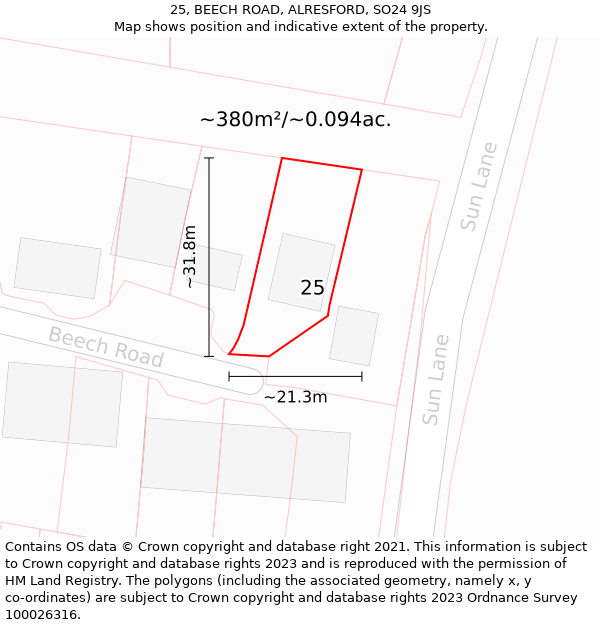 25, BEECH ROAD, ALRESFORD, SO24 9JS: Plot and title map