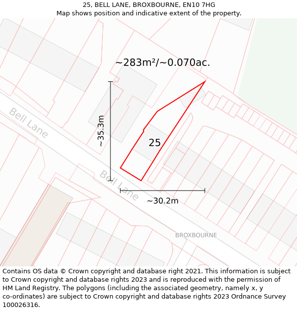 25, BELL LANE, BROXBOURNE, EN10 7HG: Plot and title map