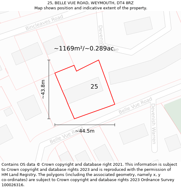 25, BELLE VUE ROAD, WEYMOUTH, DT4 8RZ: Plot and title map