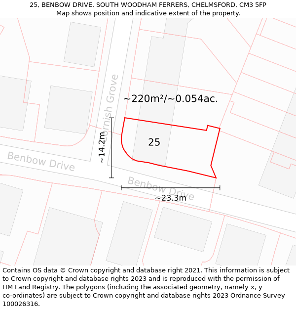 25, BENBOW DRIVE, SOUTH WOODHAM FERRERS, CHELMSFORD, CM3 5FP: Plot and title map