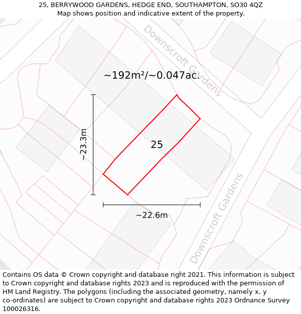 25, BERRYWOOD GARDENS, HEDGE END, SOUTHAMPTON, SO30 4QZ: Plot and title map