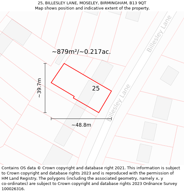 25, BILLESLEY LANE, MOSELEY, BIRMINGHAM, B13 9QT: Plot and title map