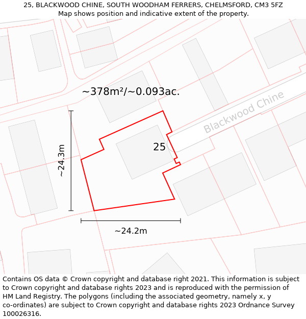 25, BLACKWOOD CHINE, SOUTH WOODHAM FERRERS, CHELMSFORD, CM3 5FZ: Plot and title map