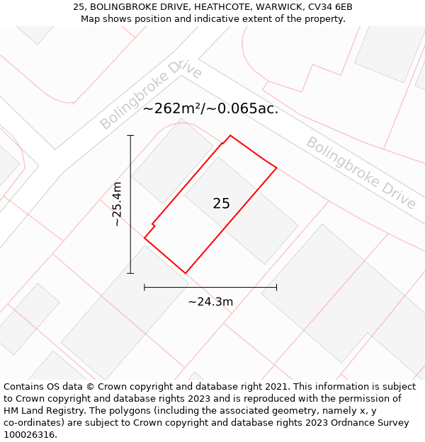 25, BOLINGBROKE DRIVE, HEATHCOTE, WARWICK, CV34 6EB: Plot and title map