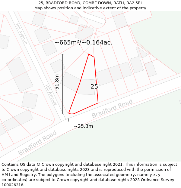 25, BRADFORD ROAD, COMBE DOWN, BATH, BA2 5BL: Plot and title map