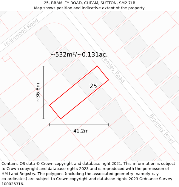 25, BRAMLEY ROAD, CHEAM, SUTTON, SM2 7LR: Plot and title map