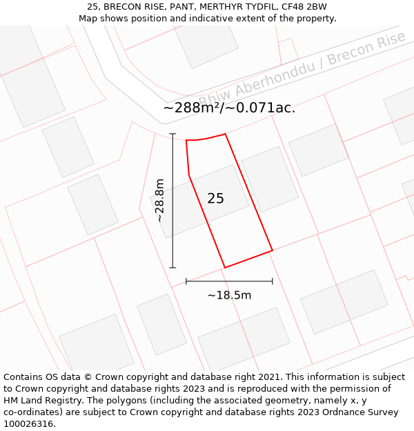 25, BRECON RISE, PANT, MERTHYR TYDFIL, CF48 2BW: Plot and title map