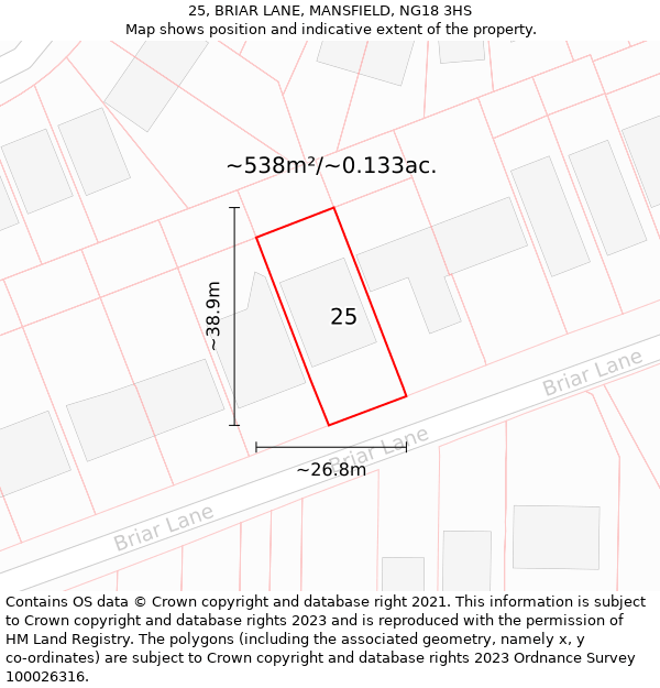 25, BRIAR LANE, MANSFIELD, NG18 3HS: Plot and title map