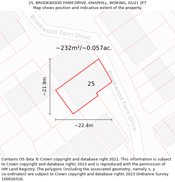 25, BROOKWOOD FARM DRIVE, KNAPHILL, WOKING, GU21 2FT: Plot and title map