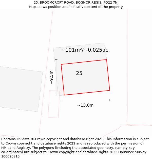 25, BROOMCROFT ROAD, BOGNOR REGIS, PO22 7NJ: Plot and title map