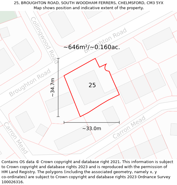 25, BROUGHTON ROAD, SOUTH WOODHAM FERRERS, CHELMSFORD, CM3 5YX: Plot and title map