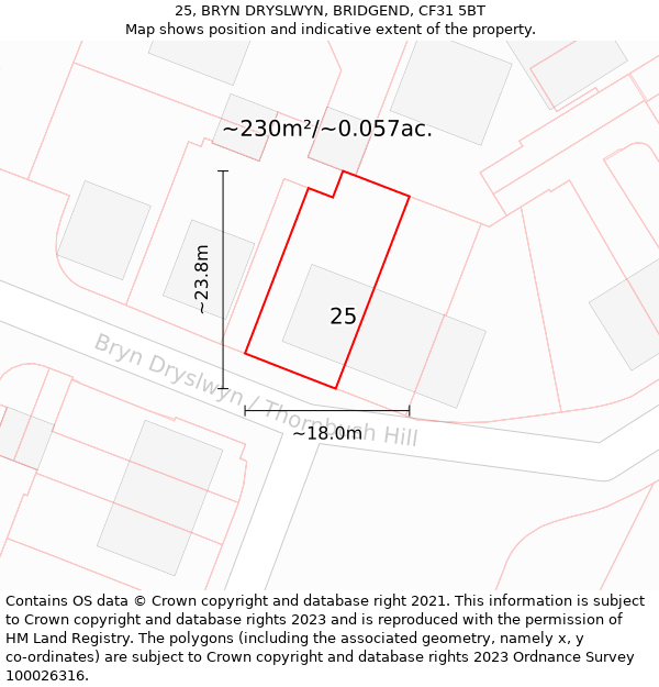 25, BRYN DRYSLWYN, BRIDGEND, CF31 5BT: Plot and title map