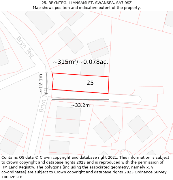 25, BRYNTEG, LLANSAMLET, SWANSEA, SA7 9SZ: Plot and title map