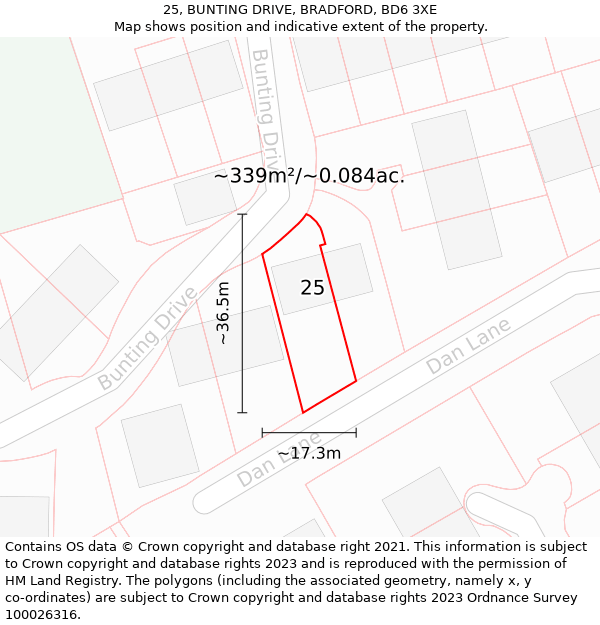 25, BUNTING DRIVE, BRADFORD, BD6 3XE: Plot and title map