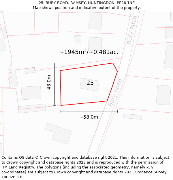 25, BURY ROAD, RAMSEY, HUNTINGDON, PE26 1NE: Plot and title map