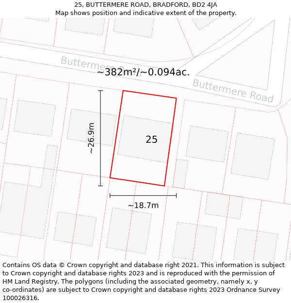 25, BUTTERMERE ROAD, BRADFORD, BD2 4JA: Plot and title map