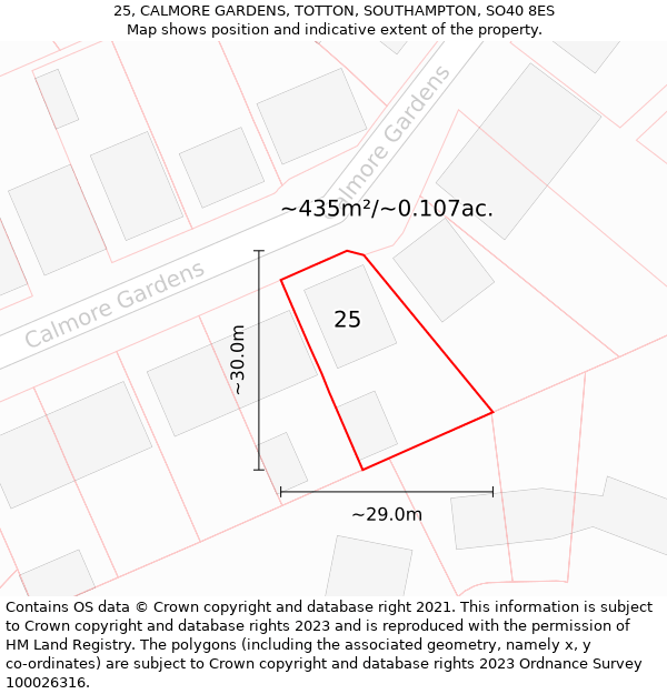 25, CALMORE GARDENS, TOTTON, SOUTHAMPTON, SO40 8ES: Plot and title map