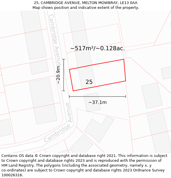 25, CAMBRIDGE AVENUE, MELTON MOWBRAY, LE13 0AA: Plot and title map