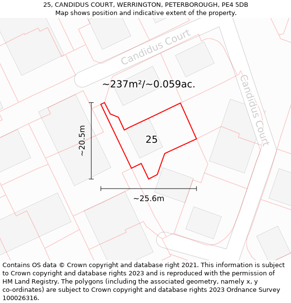 25, CANDIDUS COURT, WERRINGTON, PETERBOROUGH, PE4 5DB: Plot and title map