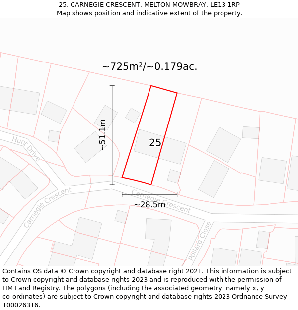 25, CARNEGIE CRESCENT, MELTON MOWBRAY, LE13 1RP: Plot and title map