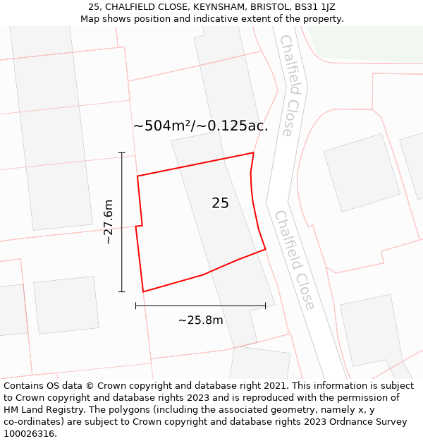 25, CHALFIELD CLOSE, KEYNSHAM, BRISTOL, BS31 1JZ: Plot and title map